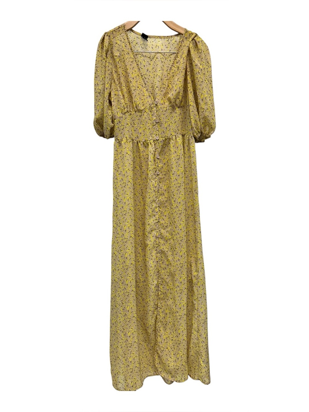 wild fable sheer Yellow Floral Maxi Dress with Puff Sleeves and V-Neck